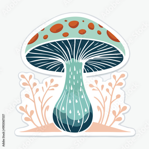 Detailed illustration of a whimsical woodland mushroom featuring a pale blue cap speckled with burnt orange spots and a textured, dripping stem design perfect for nature lovers.