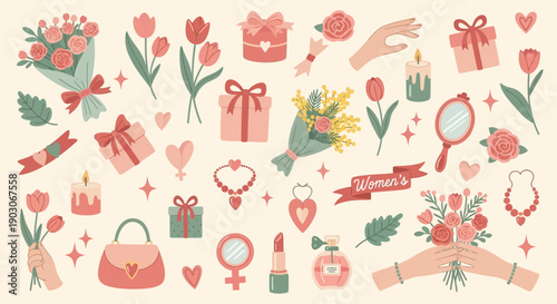 A charming collection of feminine icons and illustrations, featuring flowers, gifts, jewelry, and beauty products, perfect for Women's Day or any celebration of womanhood.