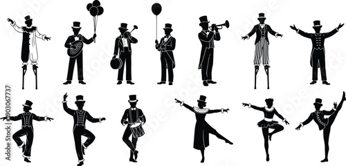 Vintage circus performer silhouettes showing clowns musicians and dancers in top hats, retro carnival entertainment characters, black and white vector illustration set