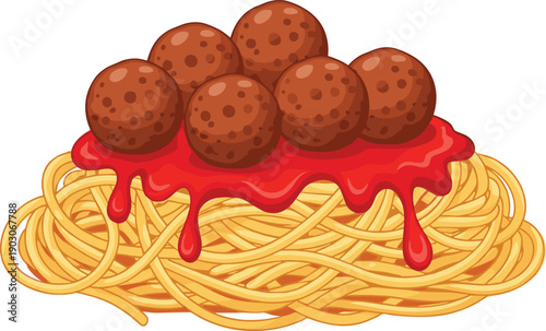 Vector illustration of spaghetti with tomato sauce and six meatballs on a plate in playful cartoon-style food layout