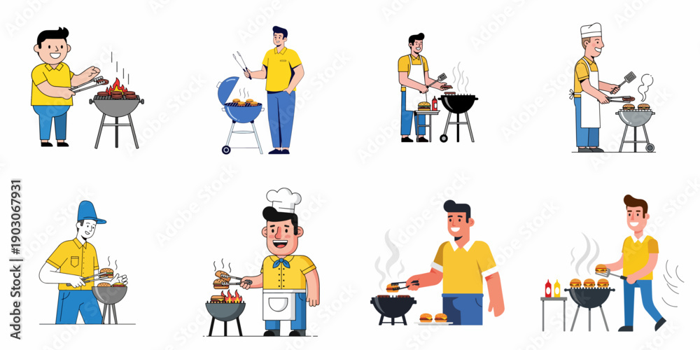 Fototapeta premium Set of flat vector illustrations depicting happy men barbecuing and grilling hamburgers, sausages, and steaks on various outdoor grills.