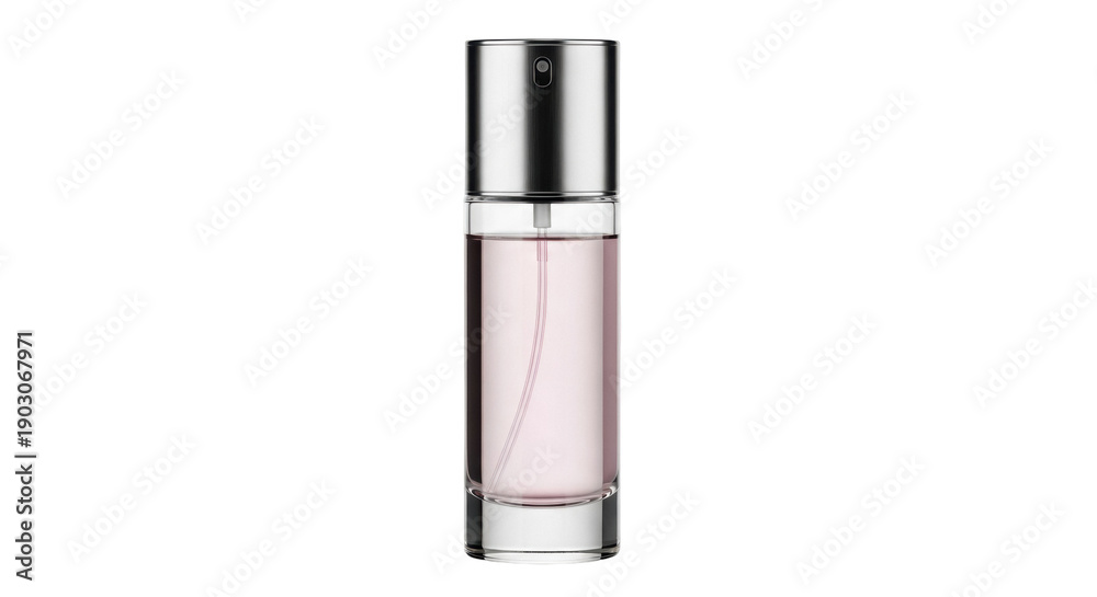 Naklejka premium Elegant pink perfume bottle isolated PNG on transparent background, stylish fragrance container for beauty and personal care product design