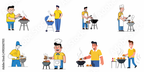 Set of flat vector illustrations depicting happy men barbecuing and grilling hamburgers, sausages, and steaks on various outdoor grills.