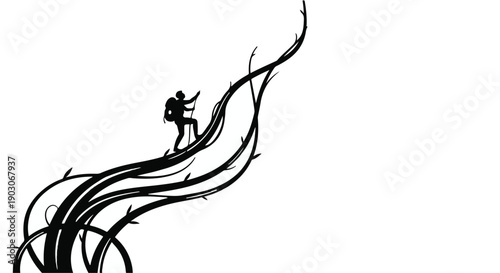 Silhouette of a determined climber ascending a stylized, twisting vine on a white background, symbolizing challenge and achievement.
