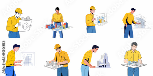 Vector Set of Architects and Engineers Analyzing Blueprints, Building Models, and Construction Plans for Urban Development.