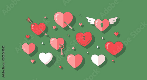 A collection of stylized heart icons in various shades of pink and red, some with decorative elements like keys and arrows, set against a solid green background.