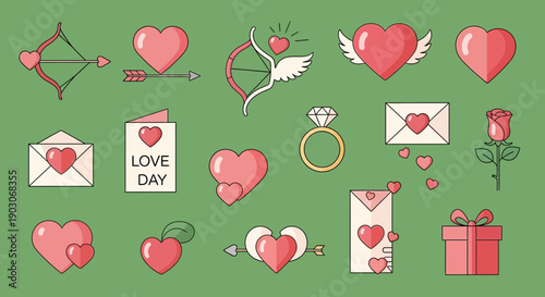 A collection of Valentine's Day themed icons including hearts, cupid's bow and arrow, a ring, a rose, and a gift box, all on a green background.