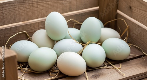 Fresh light blue duck eggs nestled in a rustic wooden crate