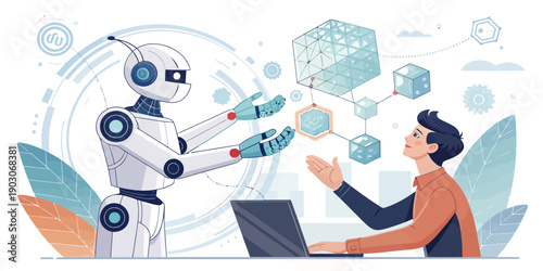 Modern flat vector illustration of artificial intelligence and automation, with gears and circuits symbolizing technology and progress.