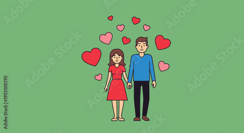 A couple holding hands with hearts floating around them, symbolizing love and romance.