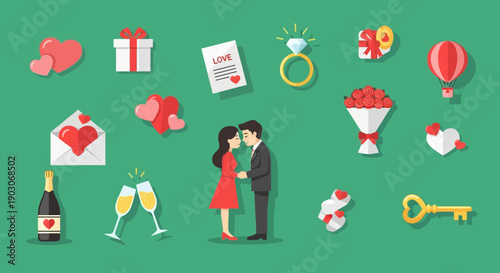 A collection of romantic symbols and a couple embracing, perfect for Valentine's Day or wedding themes.
