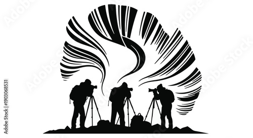 Silhouettes of three photographers capturing a dramatic natural phenomenon with their cameras.