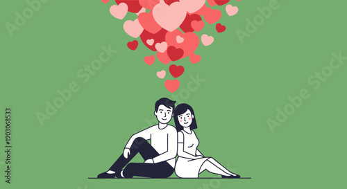 A couple sitting back to back with hearts floating above them.