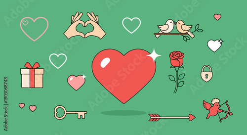 A collection of charming Valentine's Day themed icons including hearts, lovebirds, a gift, a rose, and Cupid.