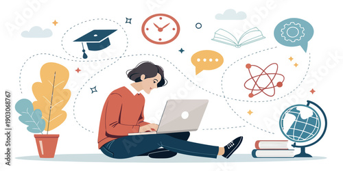 Engaging flat vector illustration for online education and e-learning, featuring a laptop screen with books, graduation cap, and learning icons.