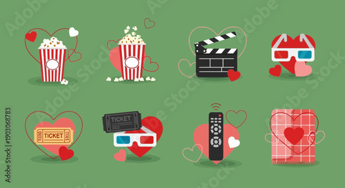 Collection of Valentine's Day themed movie icons including popcorn, tickets, 3D glasses, and a clapperboard.
