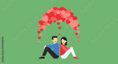 A couple sitting back-to-back under a canopy of red hearts symbolizing love and connection.