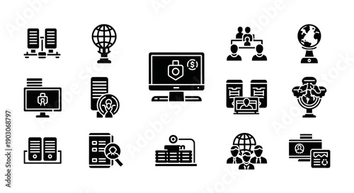 Business Technology Icons Set: Network, Security, Data, Teamwork, Global