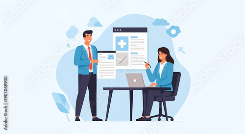 Business colleagues collaborating on a project with laptop and documents in a modern office setting with blue accents