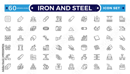 Iron and Steel products outline icons set. Set of long products, hot rolled steel, metal beams, rods, armature, pipes, pipe flange, wire coil, rabbits mesh roll. Editable stroke outline icon.
