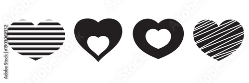 Black Heart Icons with Stripe Patterns. Love symbols for valentine's dey. Heart symbols with striped and solid styles, romantic vector shapes isolated on white background for love themed design.

