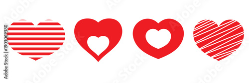 Red Heart Icons with Stripe Patterns. Love symbols for valentine's dey. Heart symbols with striped and solid styles, romantic vector shapes isolated on white background for love themed design.

