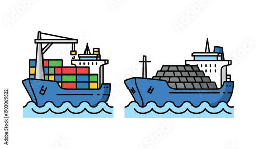 Two cargo ships carrying containers and bulk cargo on the water