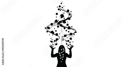 Silhouette of a person with arms raised, releasing a swirling cloud of abstract particles and lines into the air.