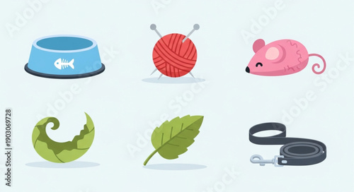 Collection of cute pet care and toy icons.