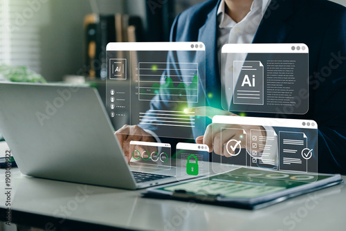 Businessman working on a laptop with AI data dashboards.