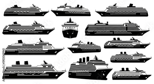 Collection of cruise ship silhouettes in various views.