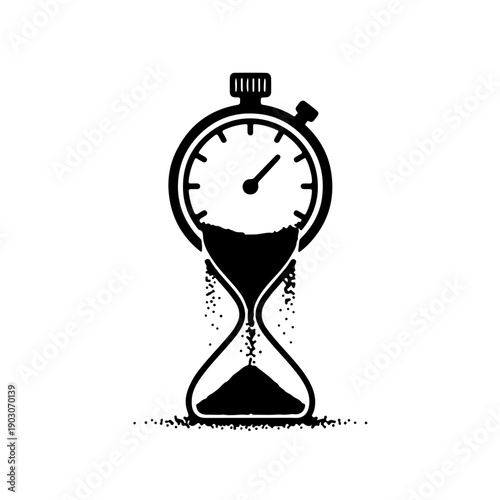 icon merging a stopwatch with a melting hourglass silhouette. This minimalist symbol represents the fluid nature of time, efficiency, and transition, ideal for productivity apps, philosophical brandin