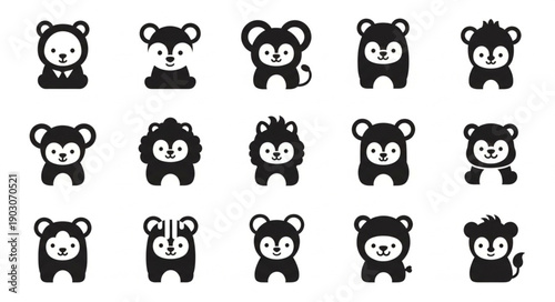 Collection of cute cartoon bear icons in silhouette style.