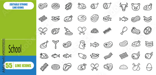 Meat Line Icon Set – Meat Products, Food, Ham, Sausage, Steak, Chicken, Bacon, Butcher Shop, Protein Foods & Grocery Vector Illustration