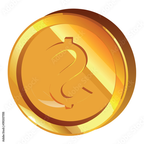Golden coin icon with a shiny metallic finish, embossed currency symbol in the center, smooth gradients, glossy highlights, vector style