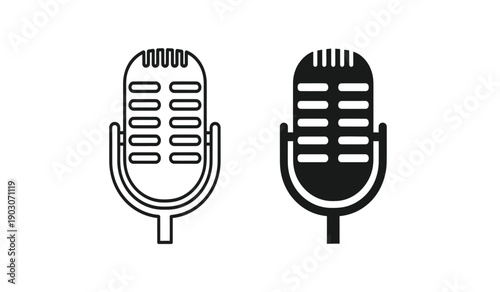 Two vintage microphones in black and white on a pure
