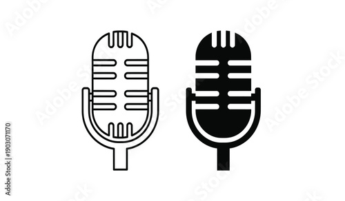 Two black and white microphone icons in simple line art style for audio or podcast use