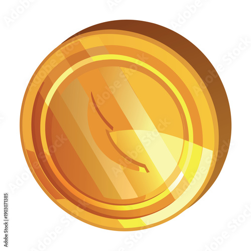 Golden coin icon with a shiny metallic finish, embossed currency symbol in the center, smooth gradients, glossy highlights, vector style