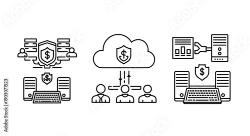 Cybersecurity and Data Protection Icons: Cloud, Servers, People, Shield, Dollar