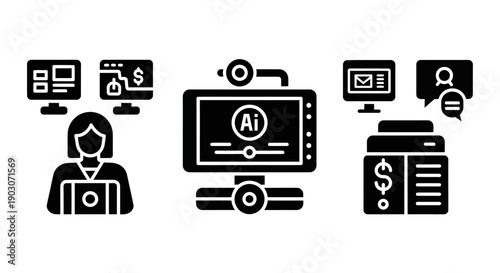 Digital Business Icons: Online Work, AI Technology, and Financial Communication