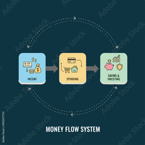 Full color illustration explaining money flow.eps
