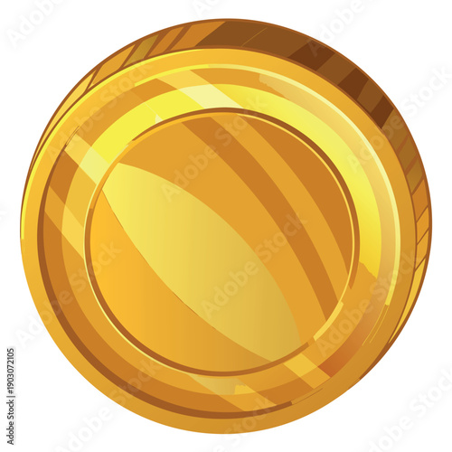 Golden coin icon with a shiny metallic finish, embossed currency symbol in the center, smooth gradients, glossy highlights, vector style