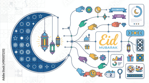 Eid mubarak vector elements collection with crescent moon and lanterns Vector