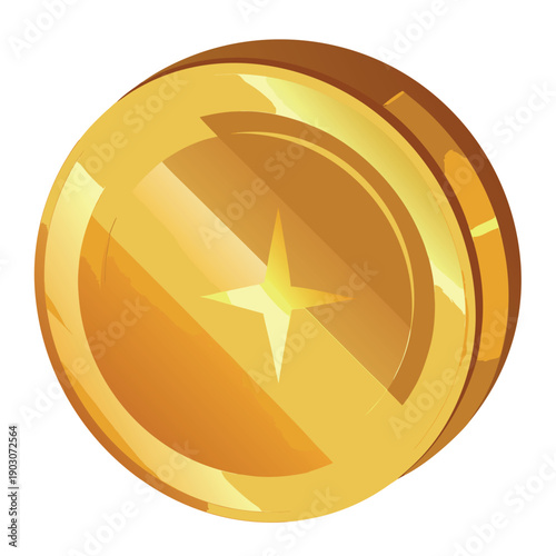 Golden coin icon with a shiny metallic finish, embossed currency symbol in the center, smooth gradients, glossy highlights, vector style