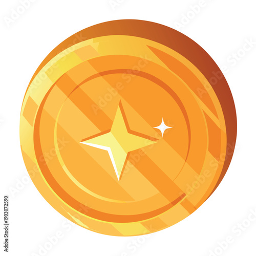 Golden coin icon with a shiny metallic finish, embossed currency symbol in the center, smooth gradients, glossy highlights, vector style