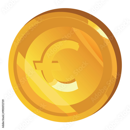 Golden coin icon with a shiny metallic finish, embossed currency symbol in the center, smooth gradients, glossy highlights, vector style