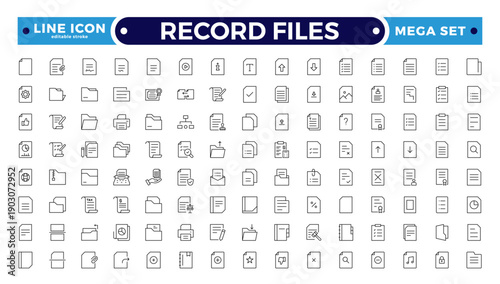 Record Files Outline icon set. Icon pack contains summary, file, paper, report, form, record, sheet, text, note, page, letter, memo, contract, template, and archive. Editable stroke outline icon.
