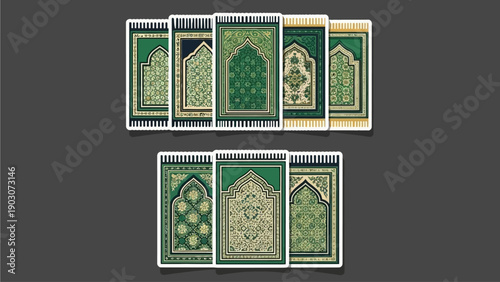Collection of Islamic cards featuring green patterns and designs displayed on a dark background from a straightforward viewpoint