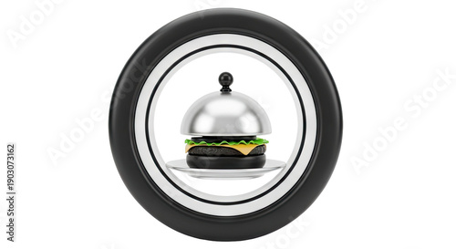 Burger under a cloche in a circular frame