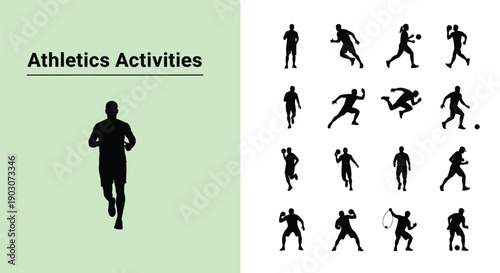 Collection of silhouettes depicting various athletic activities and sports actions in dynamic poses with different backgrounds and positions